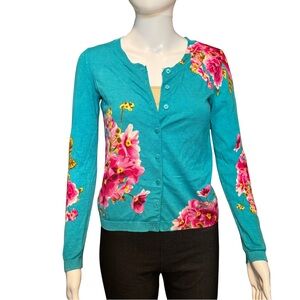 Talbots P Teal Floral Button Cardigan Sweater Cotton Rayon Lightweight